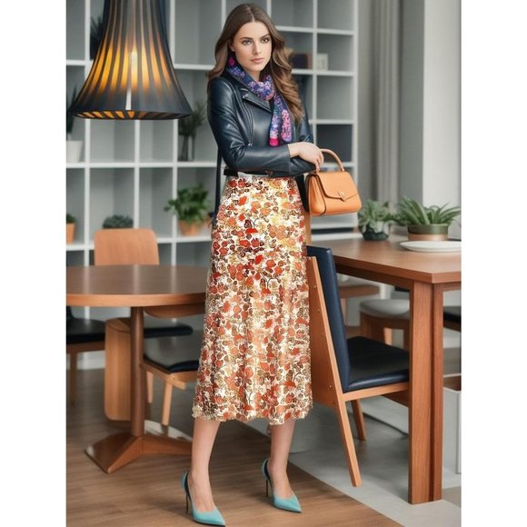 Floral Women's Midi Length High Waist Silk Satin Elasticized Cheetah Skirt - Picture 7 of 8